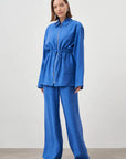Mizalle Cinched Waist Shirt Jacket Blue Apparel Blue