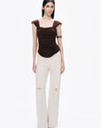 Coffee Thick Strap Draped Detail Blouse