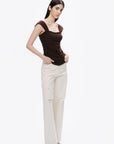 Coffee Thick Strap Draped Detail Blouse