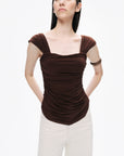 Coffee Thick Strap Draped Detail Blouse