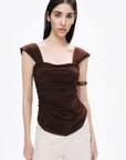 Coffee Thick Strap Draped Detail Blouse