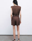 Coffee Belted Linen Mini Shorts