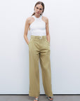 Green Metal Buckle Detailed Belted Pants