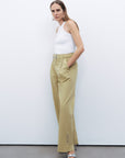 Green Metal Buckle Detailed Belted Pants