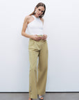 Green Metal Buckle Detailed Belted Pants
