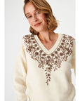 Handcrafted Ecru Knitwear Sweater Contrast Flower Embroidery Fınal Item - Porterist 1