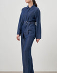 Mizalle Denim Belted Blouse Indigo Apparel Indigo M