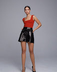 Belted High-Waisted Leather Shorts – Black
