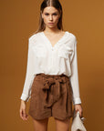 Belted High-Waisted Suede Shorts - Brown