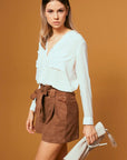 Belted High-Waisted Suede Shorts - Brown