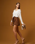 Belted High-Waisted Suede Shorts - Brown