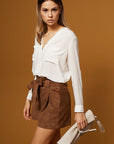 Belted High-Waisted Suede Shorts - Brown