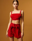 Belted High Waist Suede Shorts – Red