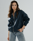 Bomber Boyfriend Leather Jacket – Petrol