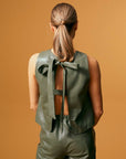Bow-Detail Open-Back Leather T-Shirt - Sage Green