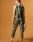 Bow-Detail Open-Back Leather T-Shirt - Sage Green