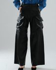 Cargo Long Leather Pants - Black