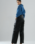 Cargo Long Leather Pants - Black