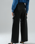 Cargo Long Leather Pants - Black