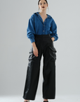 Cargo Long Leather Pants - Black