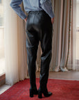 Elastic-Waist Straight Leather Pants – Black