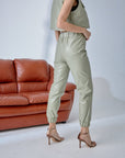 Elastic Waist Jogger Leather Pants – Sage Green