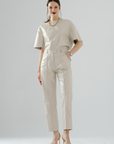 Front-Seamed Leather Pants – Cream