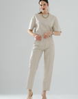 Front-Seamed Leather Pants – Cream
