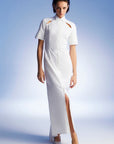 Cut-Out Off-White Long Dress with Tail