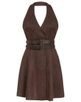 Coffee Double Belt Detailed Mini Dress