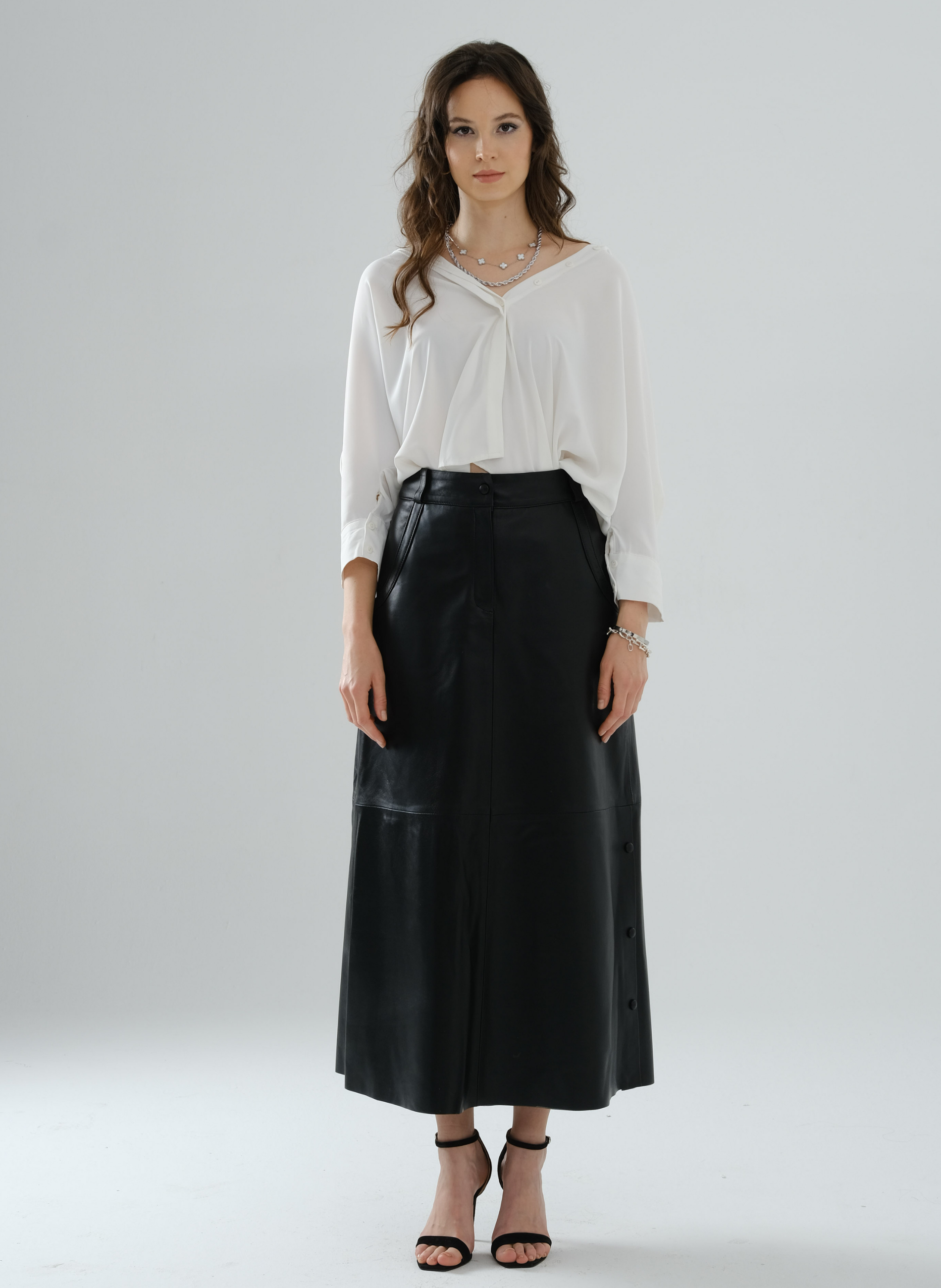 【PORTERNA】Maki leather long skirt Fsqjgq Women's High Waisted Flared Leather Skirt Fall Winter