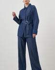 Mizalle Denim Belted Blouse Indigo Apparel Indigo M