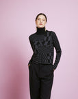 Melissa %100 Wool Geometric Pattern Turtleneck Black Sweater