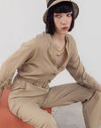 Beige Three Quarter Sleeve Waist:ted Jumpsuit  - Porterist 3