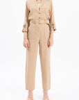 Beige Three Quarter Sleeve Waist:ted Jumpsuit  - Porterist 4