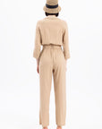 Beige Three Quarter Sleeve Waist:ted Jumpsuit