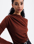 Brown Draped Boat Neck Blouse - Porterist 2