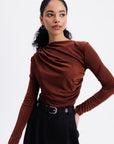 Brown Draped Boat Neck Blouse - Porterist 3