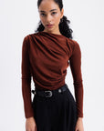 Brown Draped Boat Neck Blouse - Porterist 4
