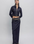 Navy Blue Contrast Stitching Detailed Maxi Denim Skirt - Porterist 3