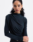 Petroleum Blue Draped Boat Neck Blouse - Porterist 2