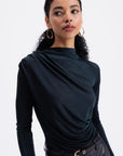 Petroleum Blue Draped Boat Neck Blouse - Porterist 4