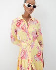Yellow Three Quarter Sleeve Floral Shirt Dress