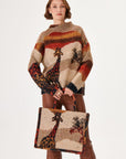 Mandarin Collar Woolen Brown Knit Sweater With Giraffe Pattern Fınal Item - Porterist 3