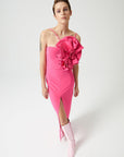 Fuchsia Drape Rose Detailed Dress With Slit At The Front Fınal Item - Porterist 3