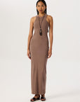 Aged Look Ribbed Swim Neck Maxi Dress - Brown