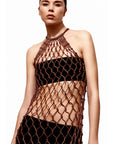 Sia Copper Macrame Scarf Detail Midi Evening Dress