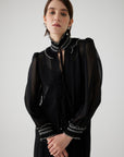 Exquise Black Pleated Long Sleeve Midi Chiffon Bohemian Black Dress - Porterist 3