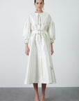 Midi Ecru Dress With Wide Neckline Portable Belted Fınal Item - Porterist 1