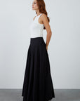 Long Black Flared And Pleated Skirt With High Waist Loose